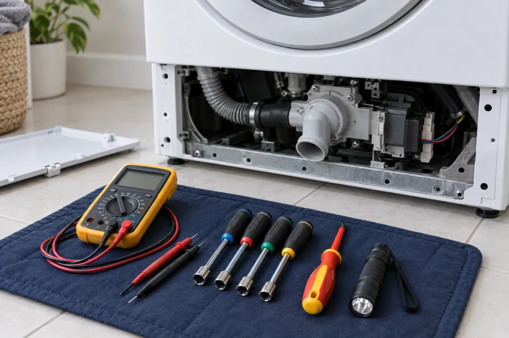 Multimeter and tools laid out in front of a washing machine with its access panel removed