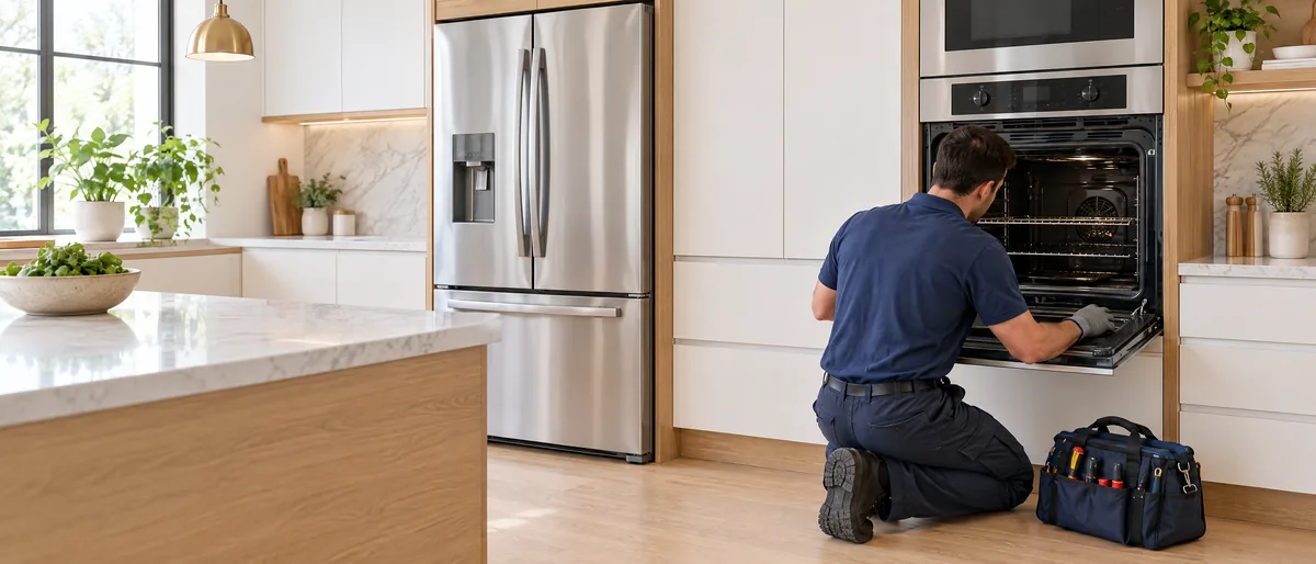 Alliance Appliance Services technician repairing a wall oven in a Springfield, VA kitchen