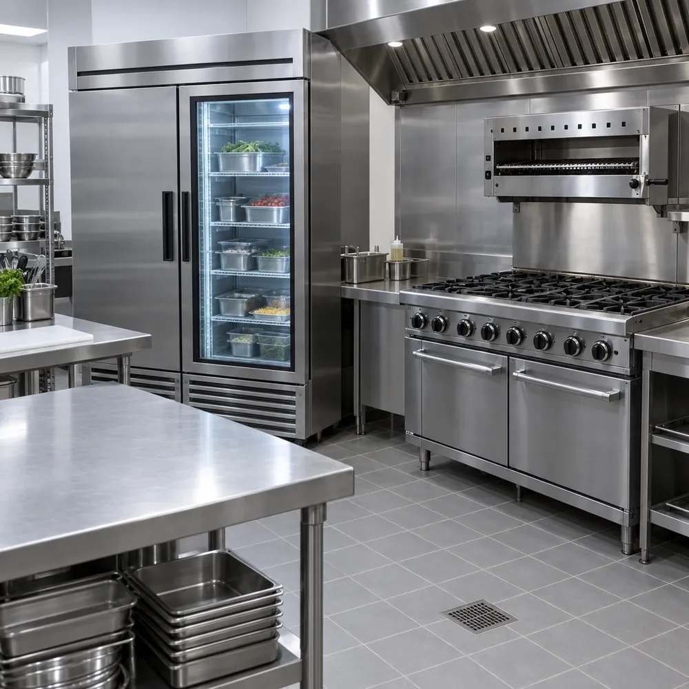 Commercial kitchen with stainless steel reach-in refrigerator and range