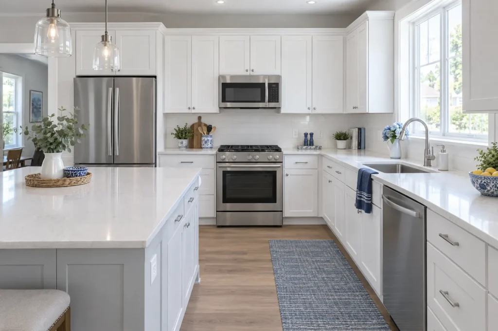 Modern kitchen with stainless steel refrigerator, range, microwave and dishwasher